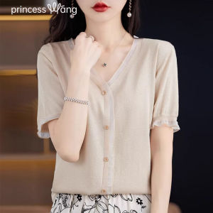 WANGGONGZHU | Ice Silk V-neck Short Sleeve T-shirt Womens Summer New Style Lace Knitted Top Belly Concealing Splicing Elegance Top