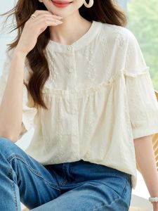 Summer 2025 Womens Loose Short Sleeve Shirt round Neck Doll Style Fashionable Versatile Cotton Commute Korean Version Top