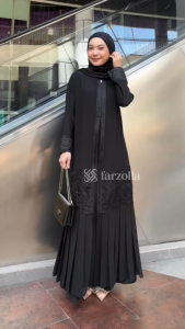 Gamis Abaya Elegan Hawa #764 Busui dengan Bordir Emas & Ziper Depan - Bahan Jersey Mix Curvy