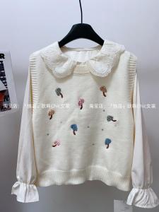 ชุดเสื้อเชิ้ตผู้หญิงแขนยาวฤดูใบไม้ร่วงและฤดูหนาวแบบสั้นพร้อมกระเป๋าแบบมีฮู้ดและเสื้อกั๊กถักลายดอกไม้สไตล์เกาหลี