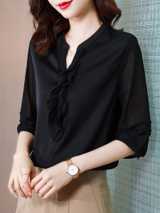 Fashionable Black Chiffon Shirt Womens Mid-Sleeve Summer Top Moms Wardrobe Seven-Quarter Sleeve Snowflake Blouse Korean Style