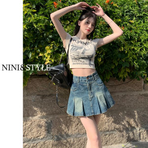 Váy Ngắn Denim Xếp Ly Chữ a Cạp Cao Cho Nữ Mùa Xuân Hè 2024 Váy Ngắn Cotton Polyester Có Nút Và Khóa Kéo