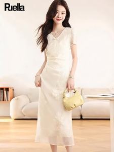 puella | Đầm Qipao Phong Cách Trung Quốc Đính Nút Ngọc Trai Thêu Mùa Hè