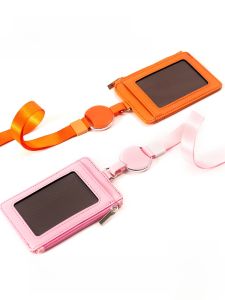 Leather ID Card Holder with Easy Zipper and Lanyard