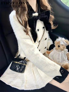 Fashionable Two-Piece Set Womens Korean Style Small Fragrance Wind Coat And Pleated Skirt Ensemble High-Polyester Blend Winter Collection