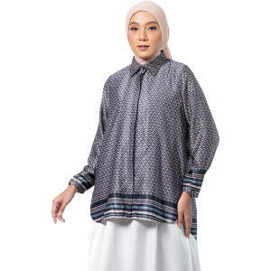 Elzatta Baju Atasan Kemeja Tunik Wanita Satin Motif Monogram Elegant Cocok Untuk Kerja Tunik Border Monogram
