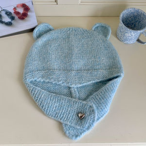 Japanese Cute Bear Ear Wool Cap Children Fall and Winter Heattech Knitted Earflaps Cap Easiest for Match Plush Ushanka