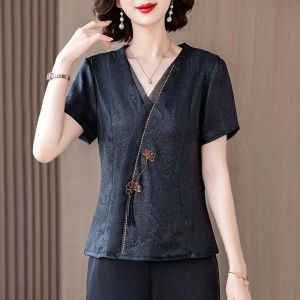 Slimming Mommy Shirt Short Sleeve Womens Fashion Summer New Style Ladys Top Belly Covering Vintage Chinese Style Blouse