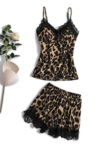 Băng Mùa Hè Lụa Bộ Váy Ngủ In Họa Tiết Da Báo Chemise Nữ Gợi Cảm Mỏng Ren Viền Chữ Đồ Ngủ Hòa Tấu Hai Mảnh Có Miếng Lót Ngực