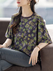 DAIXIANGFEIZI | Cotton Short Sleeve Slimming Loose Mom Style Floral T-Shirt