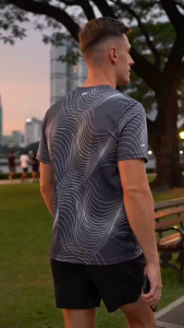 AIDEN Men Quick Dry Sports T-Shirt Wave Print Breathable Sweat Wicking Elastic Short Sleeve Running Gym