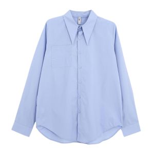 QIAONIAOGE | Blue Womens Shirt Premium Design Autumn Winter Long Sleeve Pointed Collar Layering Top French Style Business Casual Pure Color