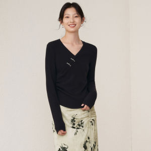 Yigue | Wrinkled Waist Tying Unique Design V-Neck Long-Sleeve Versatile Blouse