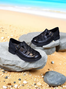 Casual Roman Style Leather Womens Sandals Spring Summer New round Head Hollow Bottom Magic Tape Flat Heel Low Cut Rubber Outsole