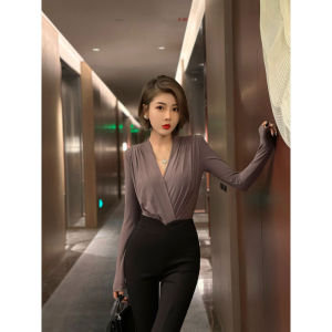 XULU Original Crystal Linen Solid Color Base Shirt Elegant Versatile Long Sleeve V-neck One-Piece Top for Early Autumn