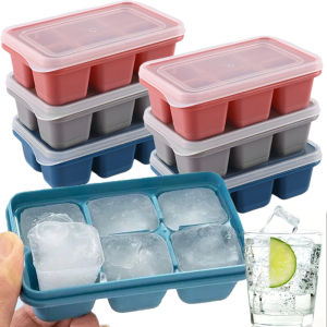 6 ช่อง แม่พิมพ์ทำน้ำแข็งซิลิโคน / ถาดทำน้ำแข็งทรงสี่เหลี่ยมพร้อมฝาปิด / เครื่องทำน้ำแข็งถาดทำน้ำแข็งสำหรับไอศกรีม วิสกี้ ค็อกเทลเย็น เครื่องดื่ม