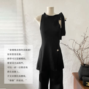 Áo Ba Lỗ Không Tay Cổ Tròn Màu Đen Thiết Kế Thanh Lịch Mùa Hè Áo Len Dệt Kim Ôm Vừa Vặn Thon Gọn Cho Nữ