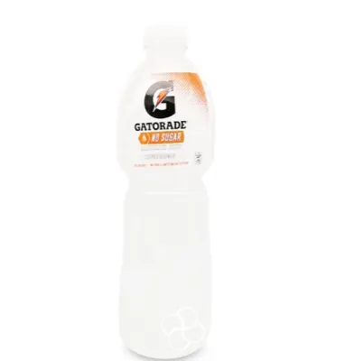Gatorade No Sugar Sports Drink Bottle. White plastic bottle with orange and black label. No sugar content. Suitable for hydration during exercise. Ideal for sports activities.