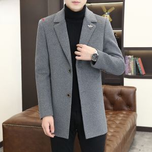 HENGYUANXIANG | Hengyuanxiang Mens Woolen Coat Casual Mid-Length Business Style Pure Color Suit Collar Jacket Fashionable Urban Youth Outerwear