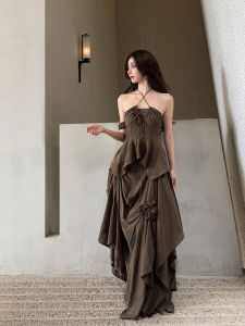 ONMOON Brown Neck Hanging Strap Vest Original Design Sensation Summer New Drawstring Back Exposed Small Top Cotton 100% Fit