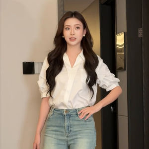 YAOMUHUA | Elegant White V-neck Short Sleeve Shirt