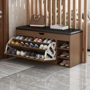 Rak Kasut Kayu Wooden Shoe Cabinet Door Changing Stool Storage Long Shoe Rack With Soft Cushion Multifunctional Modern Style Footstool 鞋凳 鞋架