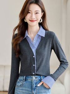 เสื้อเชิ้ตคอโปโลผู้หญิงแขนยาวทรงสลิมฟิตลายทางสไตล์ฤดูใบไม้ร่วง 2024 ทรงเข้ารูป เสื้อเชิ้ตคอกลมพับแขนยาว