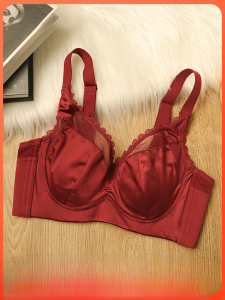 Red Wedding Underwear Set Womens Adjustable Soft Steel Ring Bra V-Neck Thin Seamless Push up Bra for Younger Women