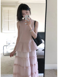 YUEZHONGWEI | French Style Round Neck Loose Sleeveless Vest Women Summer Outdoor Wear Design Sense Small Audience Pink Lace Edge Top