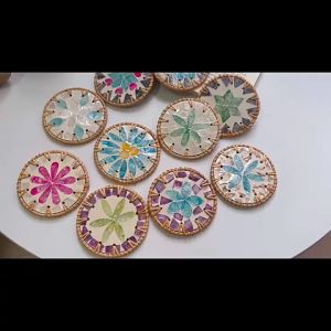 Creative Rattan Shell Cup Mat Bohemian Style Round Seashell Cup Mat Colorful Coaster Home Supplies