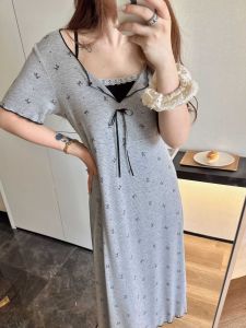 Sweet Butterfly Knot Short Sleeve Sleep Dress Womens Summer Thin Modal Home Clothes Chest Pad Integrated Mid-Length Home Gown