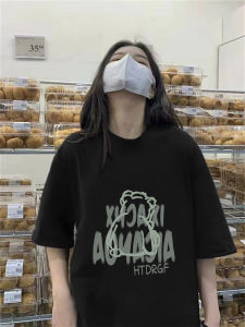 New 2025 Womens Cotton T-shirt Short Sleeve Loose Shoulder Summer Black Neutral Style Top Korean Version round Neck Print Pattern