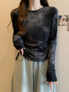 Ink Tie-Dyed Shoulder Long Sleeves T-shirt Female Plus Size Plus Size Ladies Slim Looking Asymmetrical Drawstring This Year Popular Chic Tops