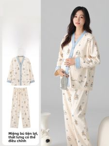 MiiOW | Pure Cotton Sleepwear Maternity Postpartum Clothes 2025 New Autumn Nursing Womens Home Clothes With Chest Pad V-neck Long Sleeve