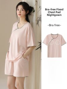 Miiow | New Chinese Style Summer Thin Short Sleeve Sleepwear Set Womens Home Clothes With Chest Pad Cat Person 2025 New Arrival