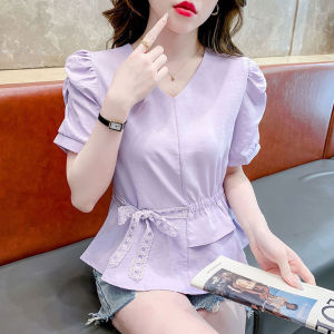 Elegant V-Neck Short Sleeve Womens Shirt Korean Style Slim Fit Chiffon Top Fashionable T-Shirt Summer New Arrival