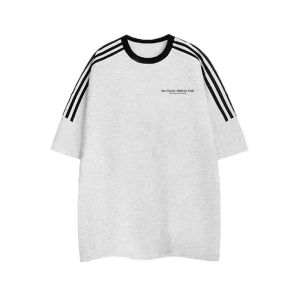 Áo Thun Cotton Tay Ngắn Dáng Rộng Mùa Hè Cho Nam Áo Thun Cổ Tròn Tay Ngắn Sọc Mỹ Cỡ Lớn Thường Ngày