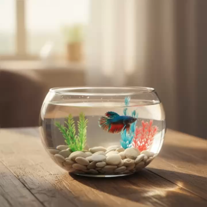 Bể Cá Thủy Tinh Bầu Tròn Mini Nuôi Cá D-13cm Hồ Thủy Sinh Để Bàn Trang Trí – Tặng Kèm Phụ Kiện Rong Giả & Sỏi Decor