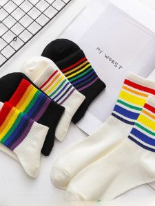 Japanese Style Color Stripes Long Socks Womens Trendy K-style Preppy Style Lovers Socks Boys Socks Tube Socks Stylish Rainbow.