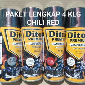 Pilok Cat Diton Premium Paket Lengkap 4 Kaleng  Chili Red Merah Cabe 9462 Primer Grey 9120 White 9102 Clear Gloss 9128 400cc Pilox Paketan Cat Semprot Special Spray Paint