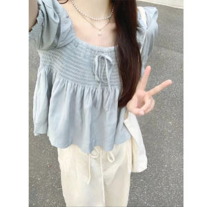 Chic Pastel Blue Square Collar Bubble Sleeve Shirt Womens Summer French Style Sweet Young Doll Top Trendy Korean Version Short Sleeve