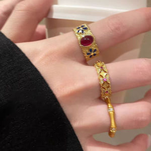 C.three Palace Style Retro Enamel Ring Women High-end Index Finger Ring Fashionable Bamboo Ring