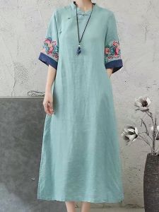 Retro Loose Large Size Cotton Linen Dress Women Spring Autumn Ethnic Style Stand Collar Embroidery Five Sleeve Long New Model