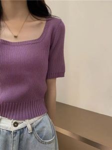 Áo Len Dệt Kim Tay Ngắn Cổ Vuông Mỏng Ôm Vừa Vặn Thời Trang Xuân Hè Bằng Lụa Băng Phong Cách Mới Cho Nữ