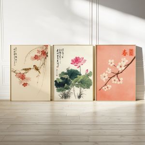 3pcs Frameless Japanese Cherry Blossom Wall Art PostersPink Cherry Blossom Branch Canvas PrintingSpring Flower Wall Decoration