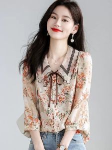 Áo Sơ Mi Voan Họa Tiết Hoa Thời Trang Cho Nữ Tay Lửng Mùa Xuân Hè 2024 Áo Sơ Mi Nhỏ Thanh Lịch Cao Cấp Áo Chui Đầu Cổ Chữ a