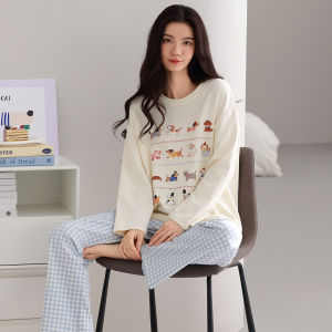 Miiow | Pure Cotton Womens Sleepwear Set Spring Autumn 2025 Cute Cartoon Print Casual Style Home Wear Outerwear Comfortable Long Sleeve