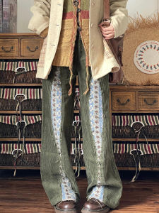 Quần Nhung Kẻ Xanh Lá Cây American Retro Cỡ Lớn Cho Nữ Mùa Thu Đông Quần Ống Đứng Rộng Rãi Quần Dài Thường Ngày