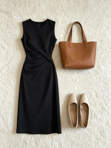 QINGMUZI | Hepburn Style Black Sleeveless Maxi Dress High Waist Slim Fitting