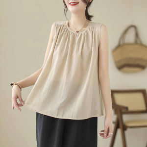 Lightweight Casual Cotton Linen Tank Top Button Back round Neck Short Sleeve Overhead Small Shirt Loose Fit Summer Fashion